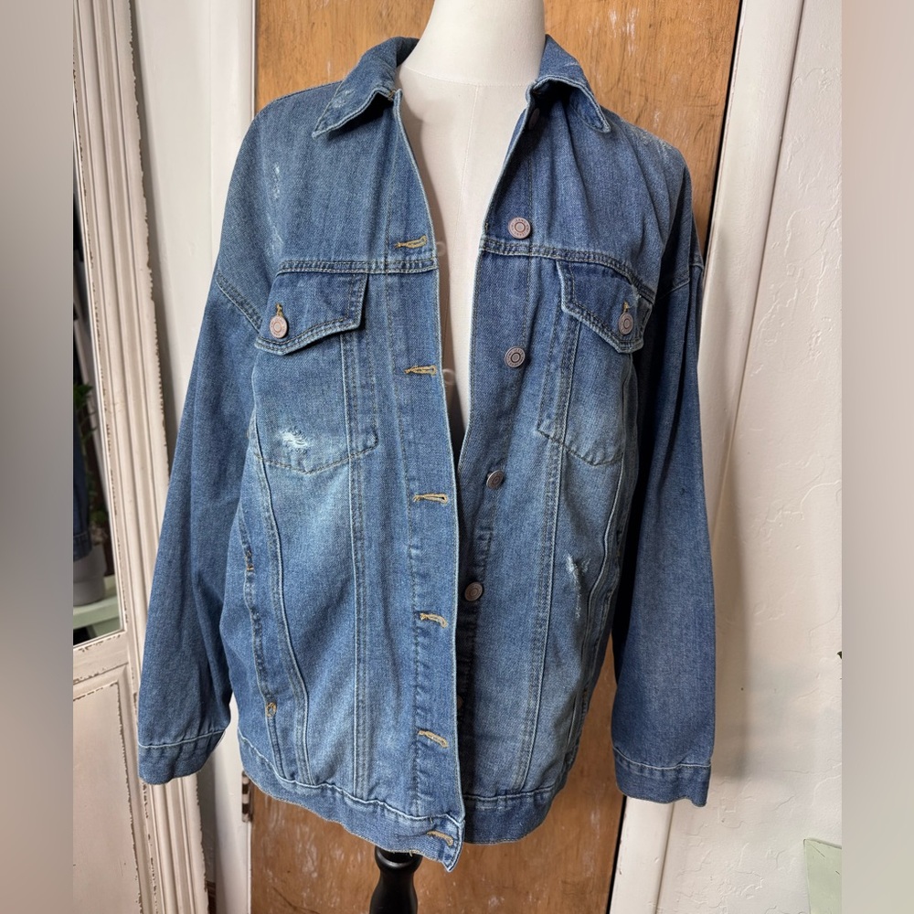 YMI Jeans Oversized Denim Jacket Distressed Blue Wash Size Large
